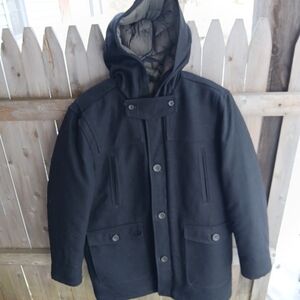 LL Bean Black Down Lined Wool Blend Jacket Overcoat Zip Hooded Buttons Mens Lg.